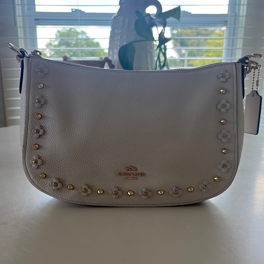 Coach White and Gold Shoulder Bag with Studded Detailing